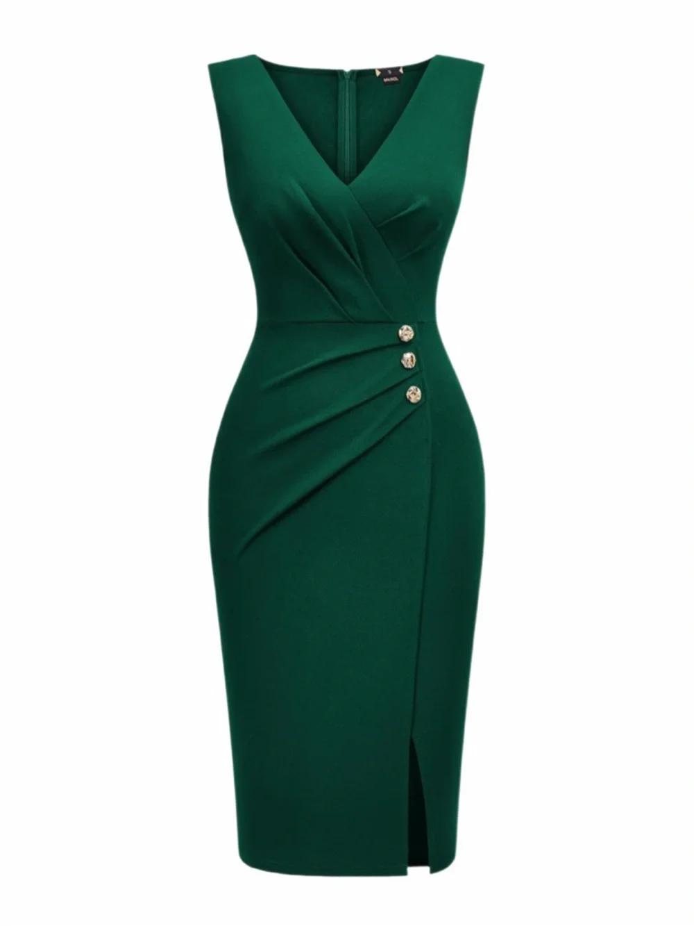 MIUSOL Emerald Green Sheath Dress with ruching and gold buttons SZ L - Picture 3 of 8
